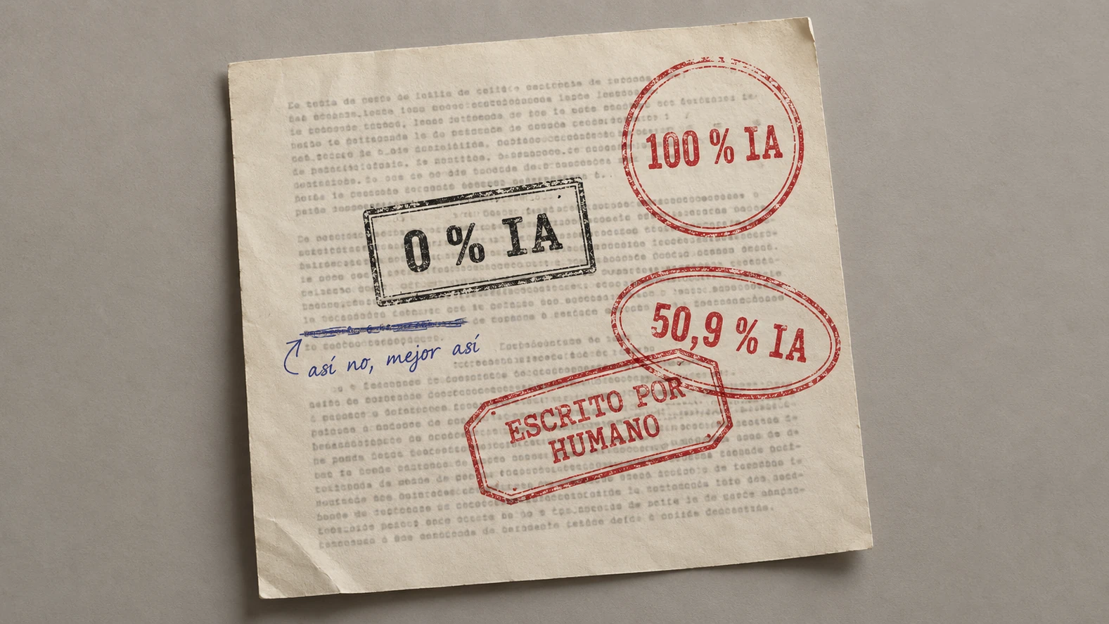 Hoja mecanografiada, ligeramente girada sobre fondo gris, con cuatro sellos de tinta superpuestos que se contradicen: «100 % IA» en círculo rojo, «0 % IA» en recuadro negro, «50,9 % IA» en óvalo rojo y «Escrito por humano» en rojo, dos de ellos pisándose. En el margen izquierdo, una línea tachada a bolígrafo azul y una nota manuscrita: «así no, mejor así». Imagen generada con IA para ilustrar un artículo sobre detectores de texto artificial.