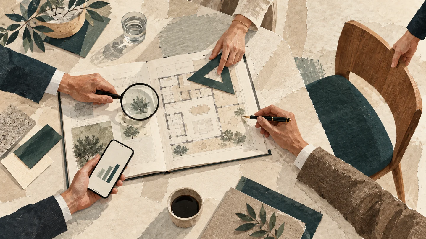 A worktable with an open blueprint in the center and several hands bringing different tools; another chair approaches the table.