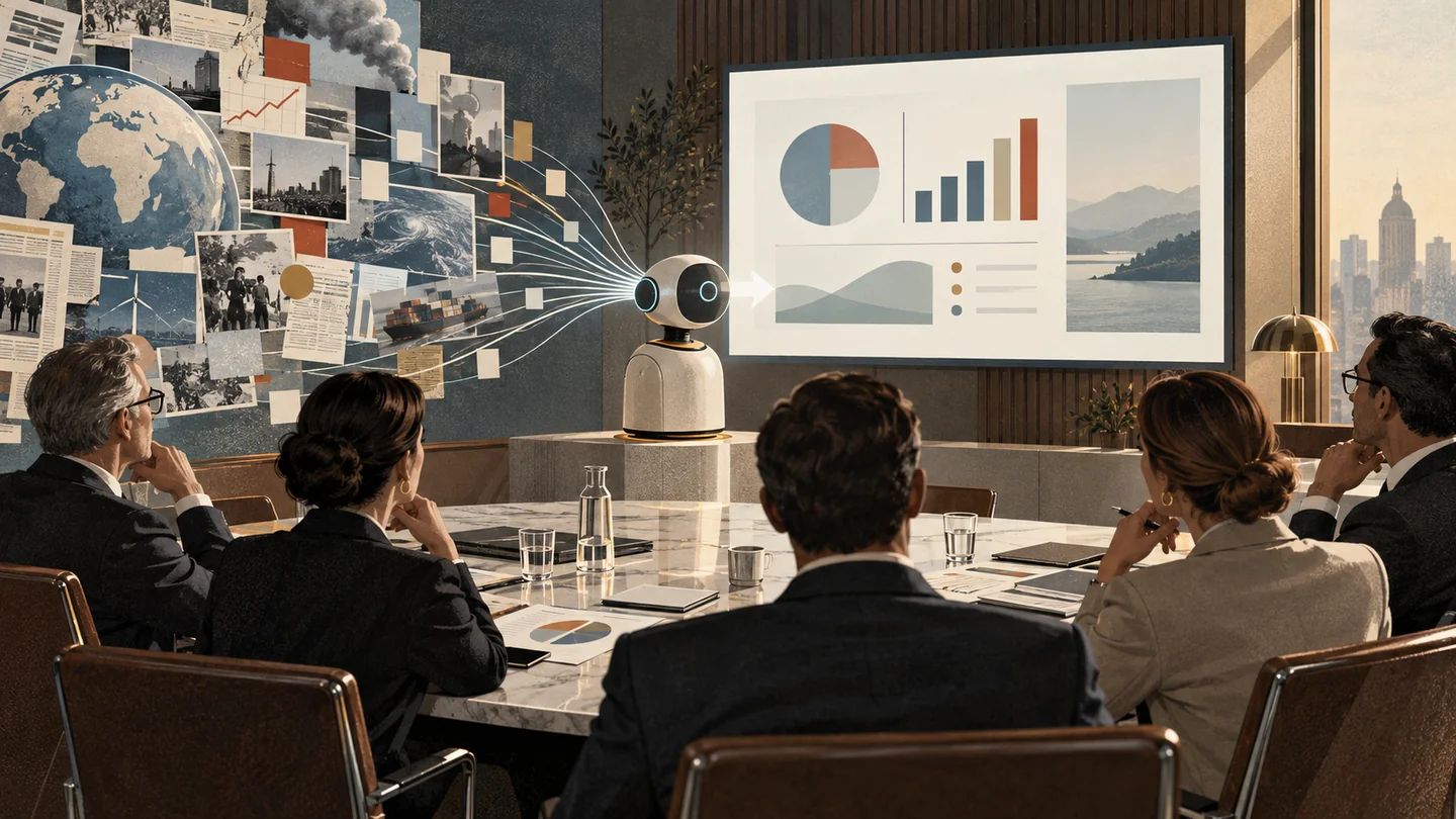 Boardroom where several executives watch a presentation assembled by a small AI system that synthesizes news, documents and other external signals.