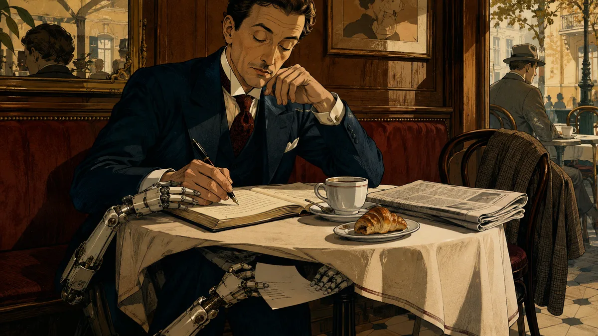 Ilustración editorial de un hombre elegante escribiendo en una libreta durante un desayuno en una cafetería clásica, con brazos robóticos que le ayudan bajo la mesa.