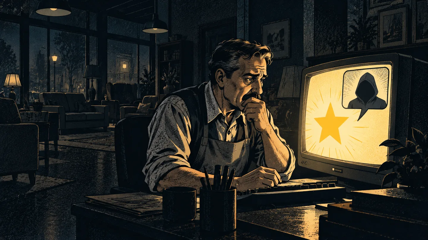 Tendero preocupado observa en un ordenador una reseña de una estrella acompañada por la silueta anónima de quien la publicó.