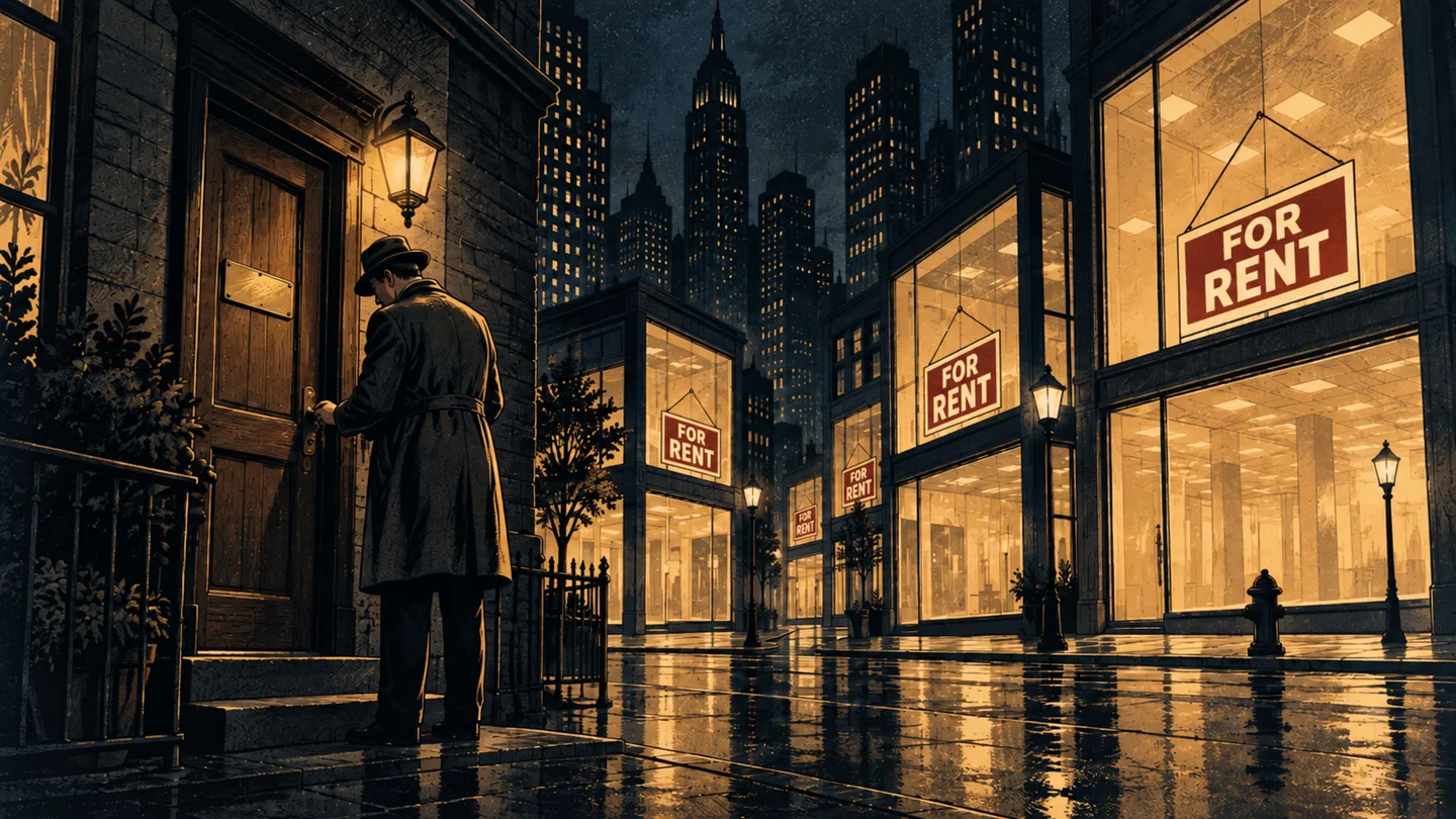 A man locks a small door of his own while, across the street, several empty storefronts display illuminated “FOR RENT” signs.