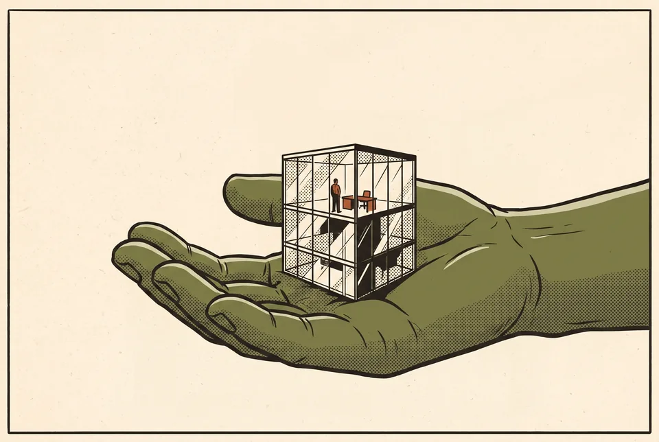 Ilustración editorial de una gran mano que sostiene un pequeño edificio de oficinas acristalado, con una persona en su interior, como metáfora de nuevas rutas profesionales y del poder de las grandes empresas tecnológicas sobre esas carreras.