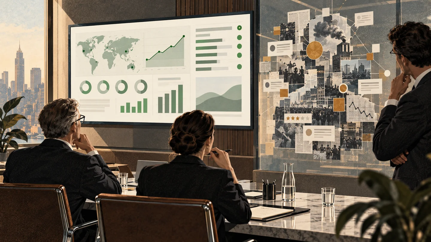 A communications team watches a dashboard glowing green while, across the room, a collage of news, reviews and images reassembles a more ambiguous, fragmented reputation of the same organization.