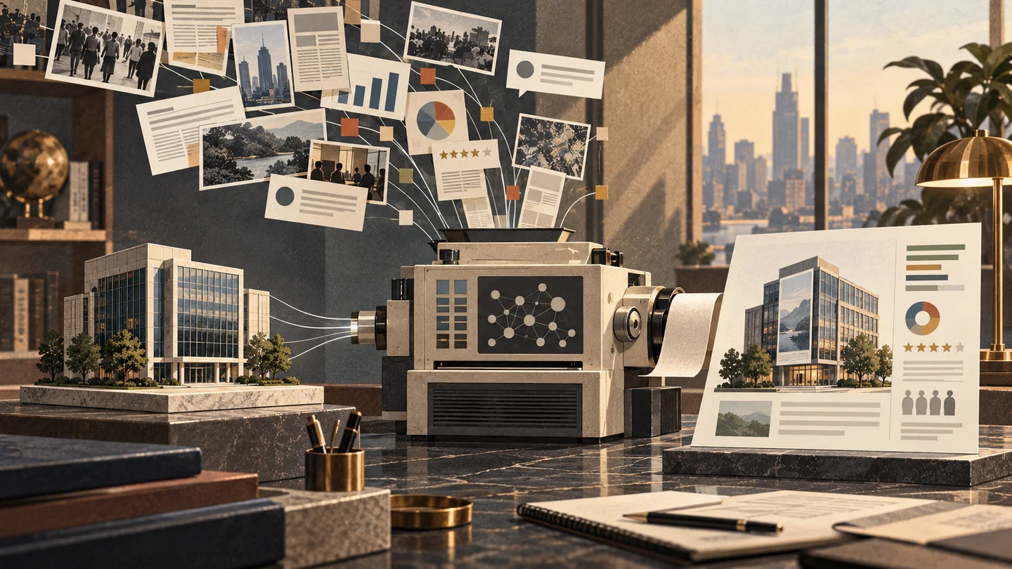 An editorial illustration shows a scale model of a corporate building connected to a machine that processes documents, images and public reviews to generate a new visual profile of the company, in an office overlooking the city.
