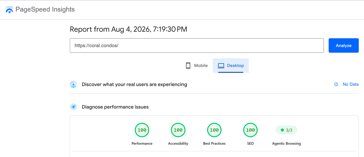 Resultados de escritorio de Google PageSpeed Insights para la landing de CORAL.