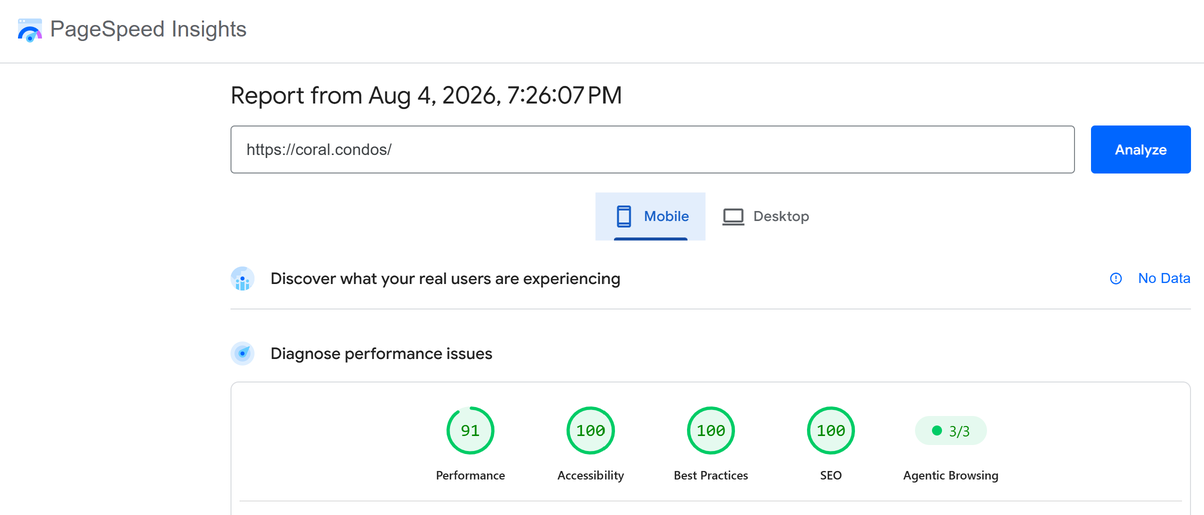 Resultados móviles de Google PageSpeed Insights para la landing de CORAL.