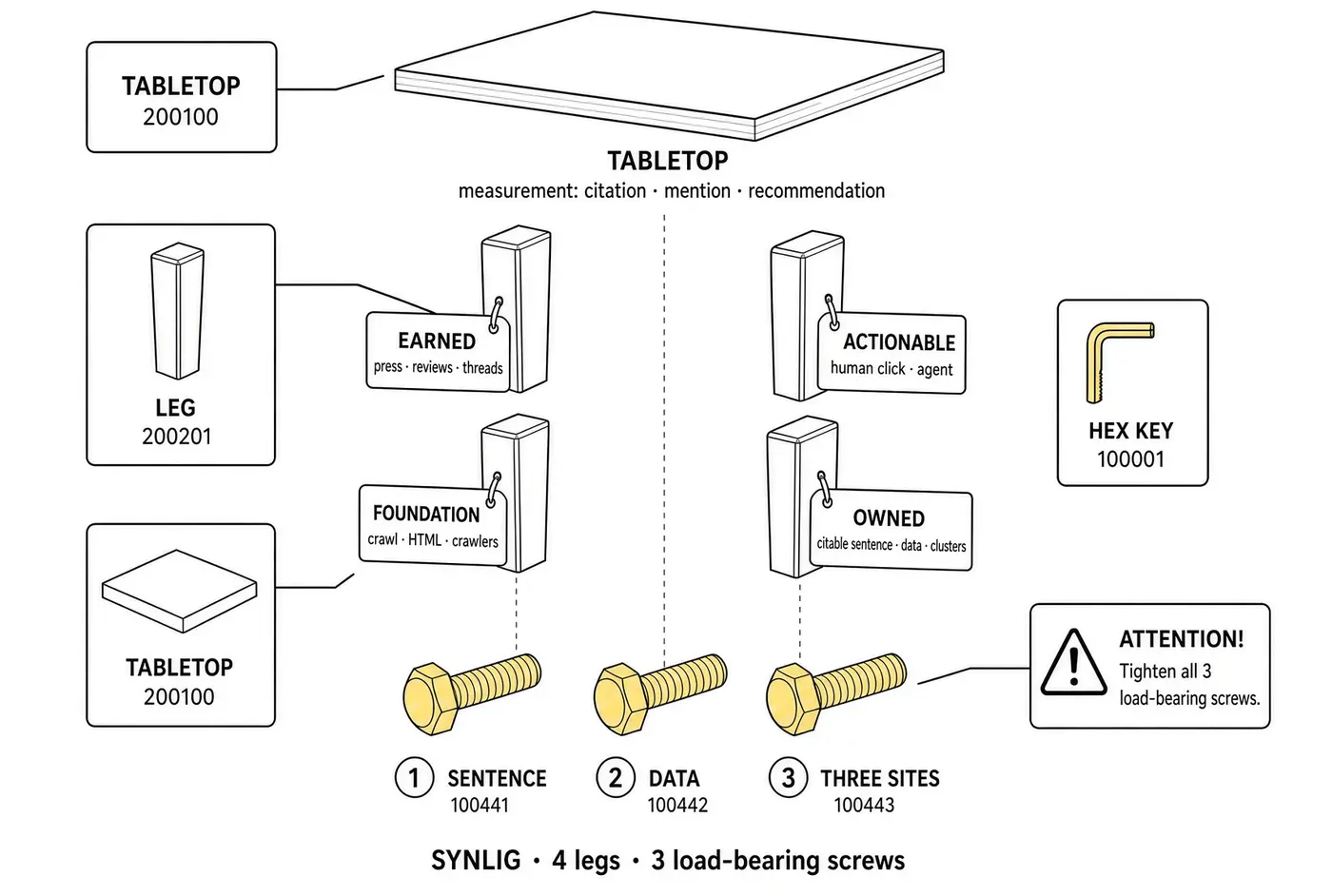 Exploded SYNLIG diagram: tabletop 200100 at the top, four legs tagged earned, actionable, foundation, and owned, hex key 100001, and three load-bearing screws labeled sentence 100441, data 100442, and three sites 100443.