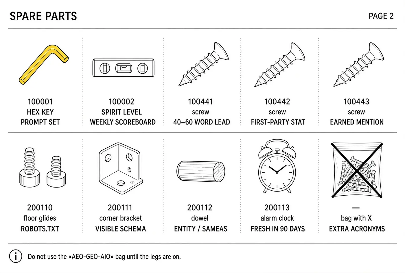 IKEA-style spare-parts plate: hex key (prompt set), spirit level (weekly scoreboard), three screws (40–60 word lead, first-party stat, earned mention), robots.txt glides, visible-schema bracket, entity dowel, 90-day freshness clock, and a crossed-out bag of extra acronyms.