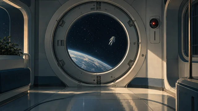Episode illustration: an astronaut drifts in space, seen through a station's round hatch, with Earth below and a red camera eye beside the door.