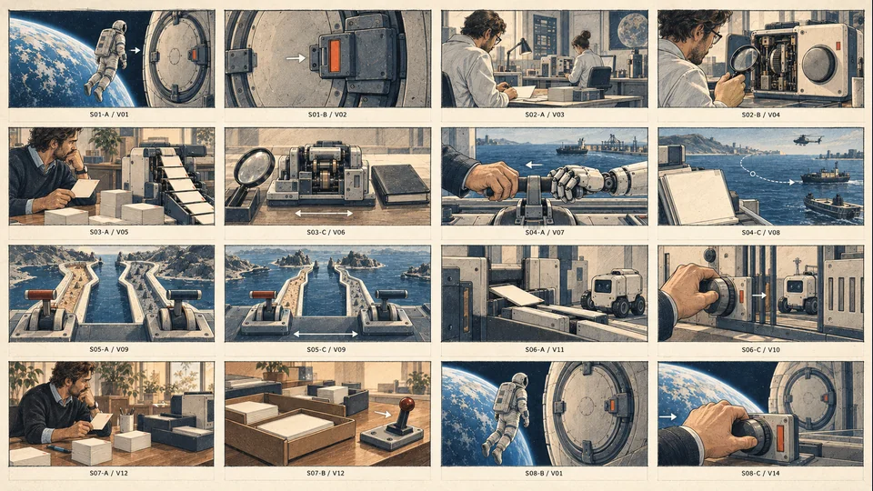 Storyboard sample, work in progress: sixteen panels in four rows and four columns, from the space door to the domestic handover and back to the door.