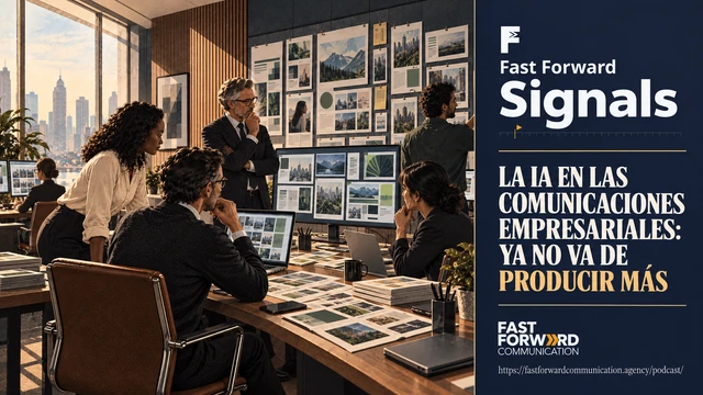 Equipo de profesionales que revisa pantallas y composiciones gráficas en una oficina. Panel azul con «Fast Forward Signals», «La IA en las comunicaciones empresariales: ya no va de producir más», la marca Fast Forward Communication y la URL del pódcast.