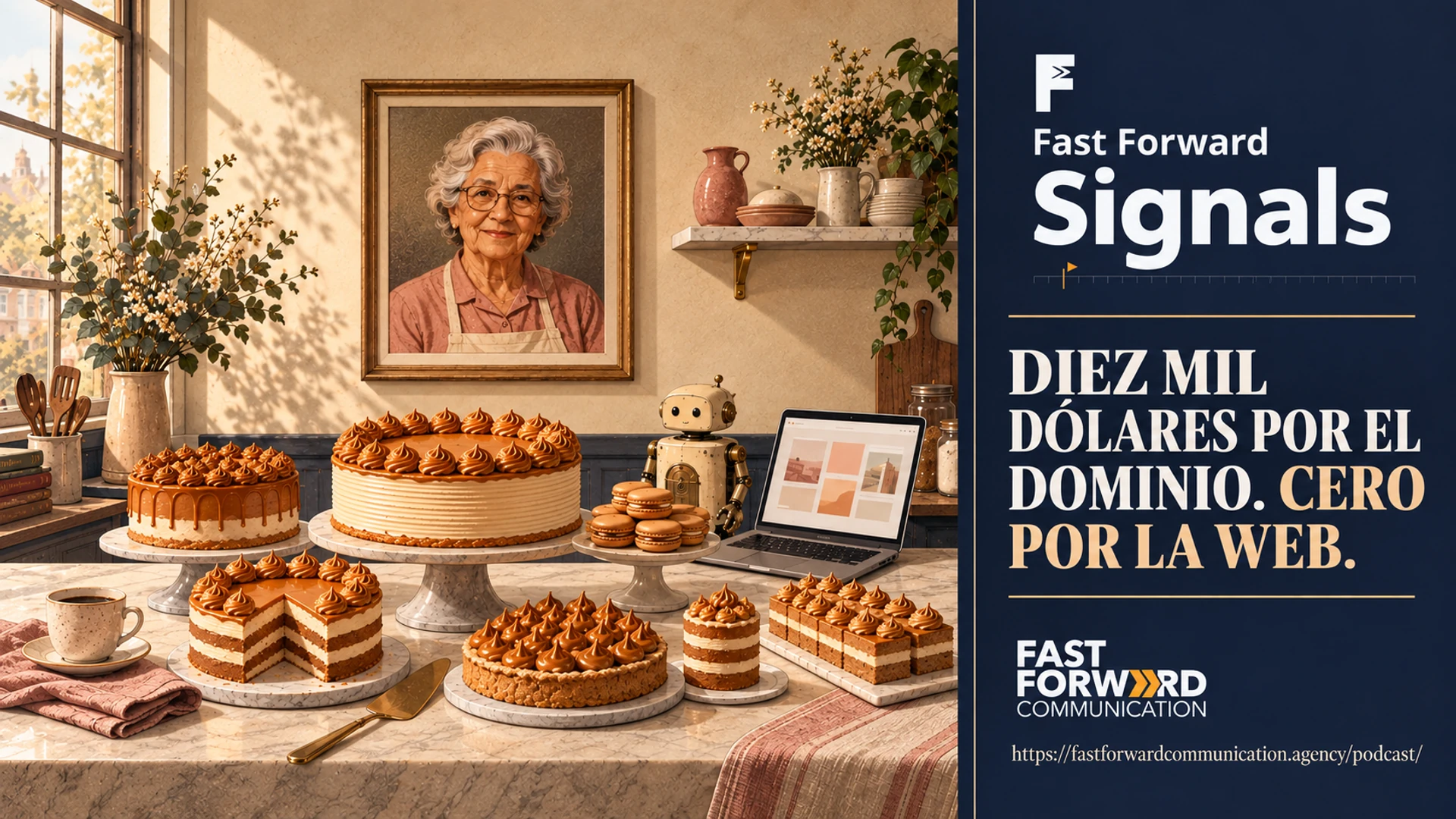 Cocina con tartas, un retrato de una mujer mayor, un pequeño robot y un ordenador portátil. Panel azul con «Fast Forward Signals», «Diez mil dólares por el dominio. Cero por la web.», la marca Fast Forward Communication y la URL del pódcast.