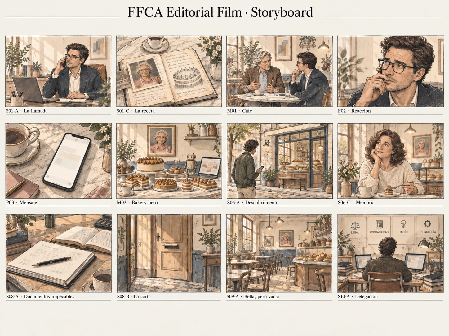 FFCA Editorial Film · Storyboard: doce viñetas rotuladas S01-A La llamada, S01-C La receta, M01 Café, P02 Reacción, P03 Mensaje, M02 Bakery hero, S06-A Descubrimiento, S06-C Memoria, S08-A Documentos impecables, S08-B La carta, S09-A Bella, pero vacía, S10-A Delegación