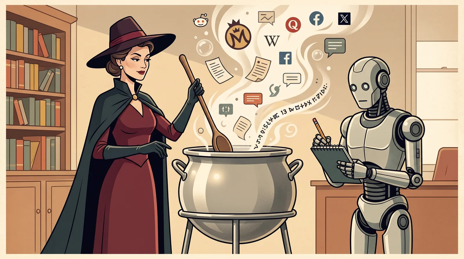 Ilustración retro: una figura con capa y sombrero remueve un gran caldero del que ascienden documentos, símbolos y fragmentos de conversación, mientras un robot toma notas en un cuaderno.