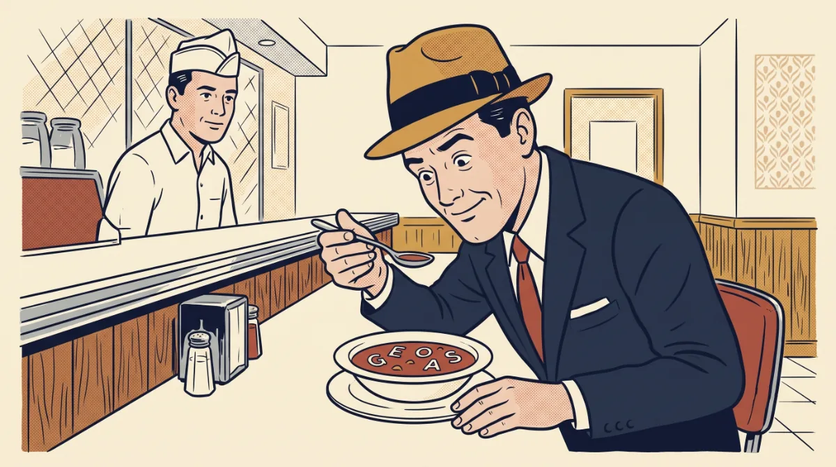 Ilustración retro de un hombre con sombrero en la barra de una cafetería, mirando con curiosidad un plato de sopa en el que flotan letras que forman siglas.