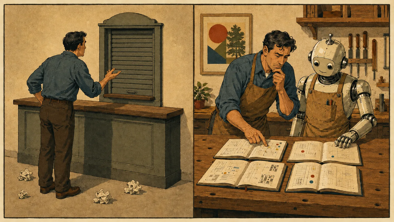 Two-panel illustration. On the left, a man waits at a closed service window, crumpled papers at his feet. On the right, the same man, now wearing a carpenter's apron, reviews four open notebooks on a workbench beside an aproned robot.