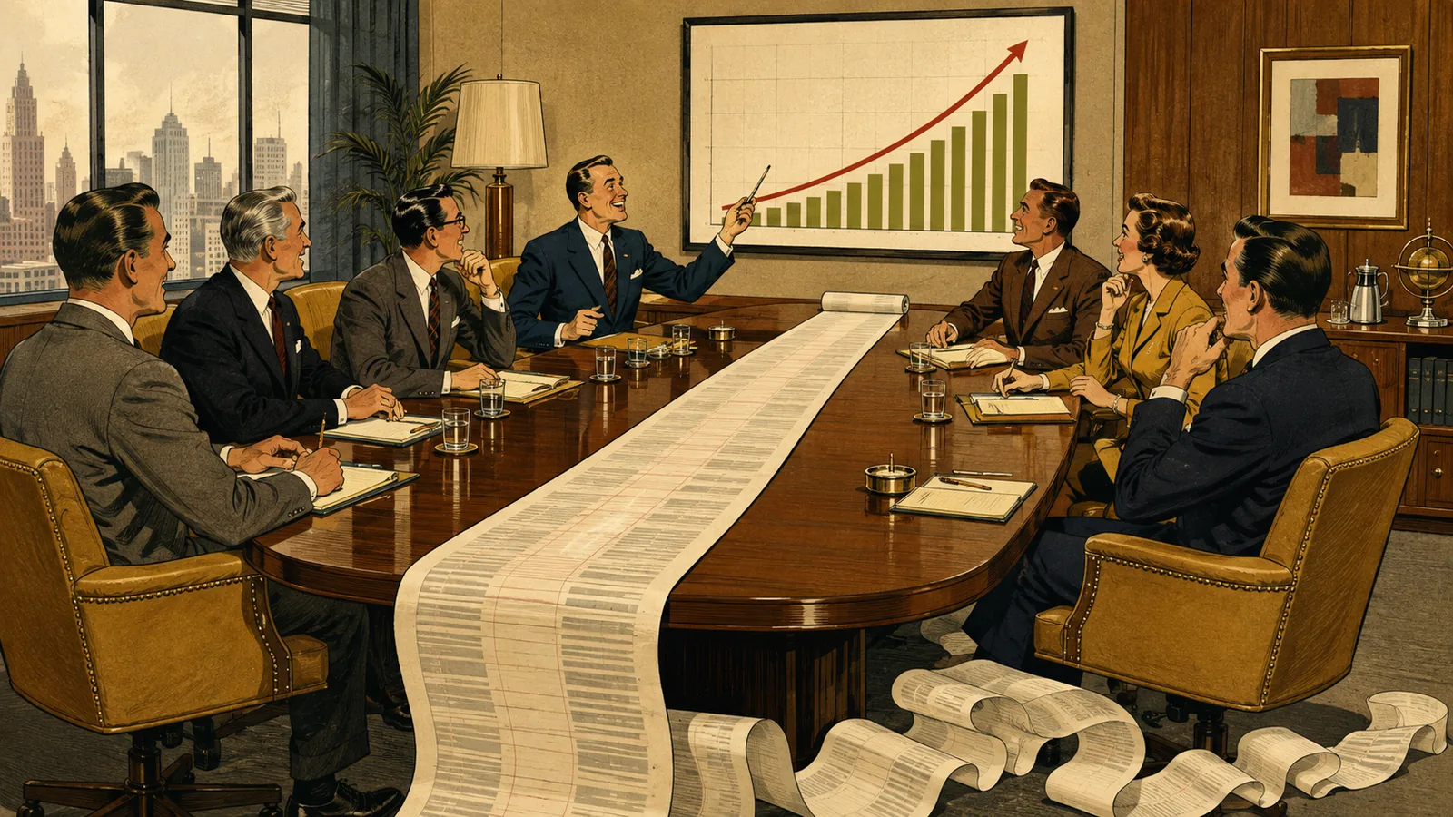 Period boardroom. Around a long table, executives admire a rising chart on the wall. Spread across the table like a tablecloth, an absurdly long invoice spills onto the floor with nobody looking at it.