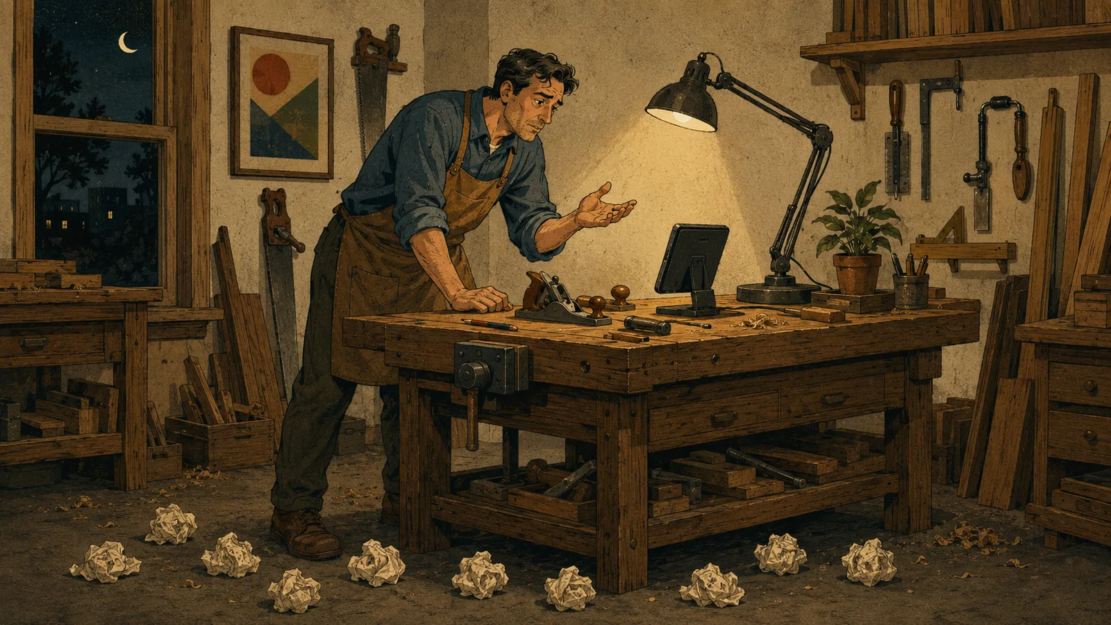 A cabinetmaker, alone in his workshop at night, talks toward a small screen propped on the workbench. Eleven balls of crumpled paper lie at his feet.