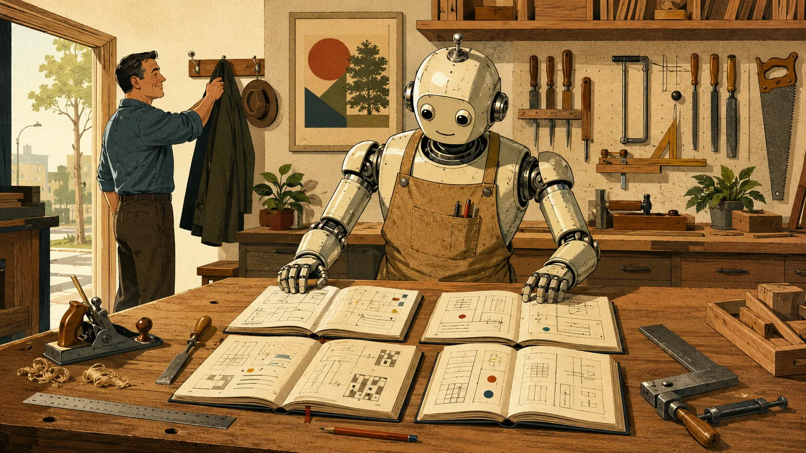 Monday morning at the workshop. The owner walks in and hangs up his coat; the robot is already at the bench, apron on, the four notebooks open and read. First light.