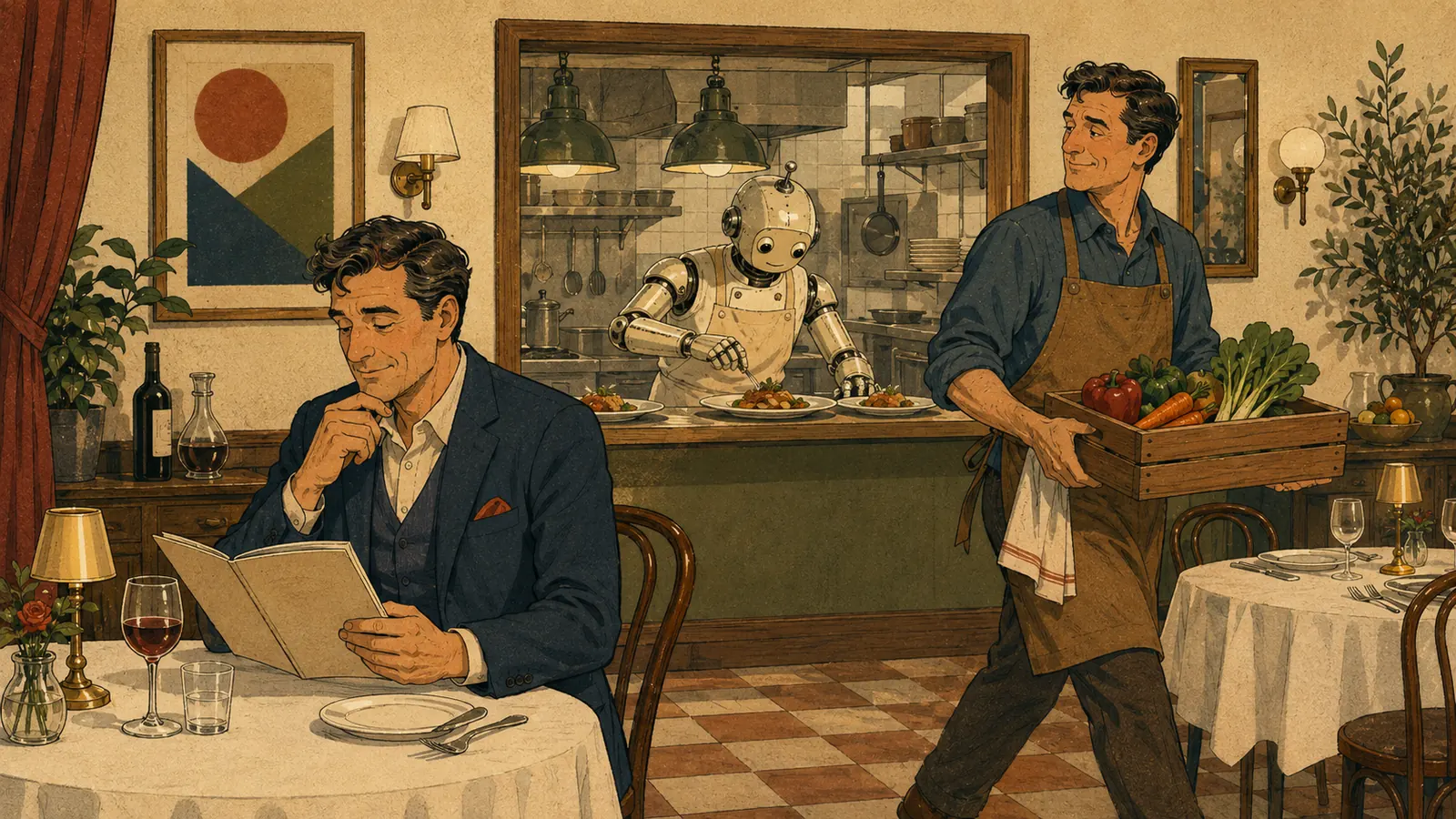 Classic restaurant dining room. In the back, a robot cook plates a dish. In the foreground the same man appears twice: seated at a table reviewing the menu, and crossing the room carrying a crate of vegetables.