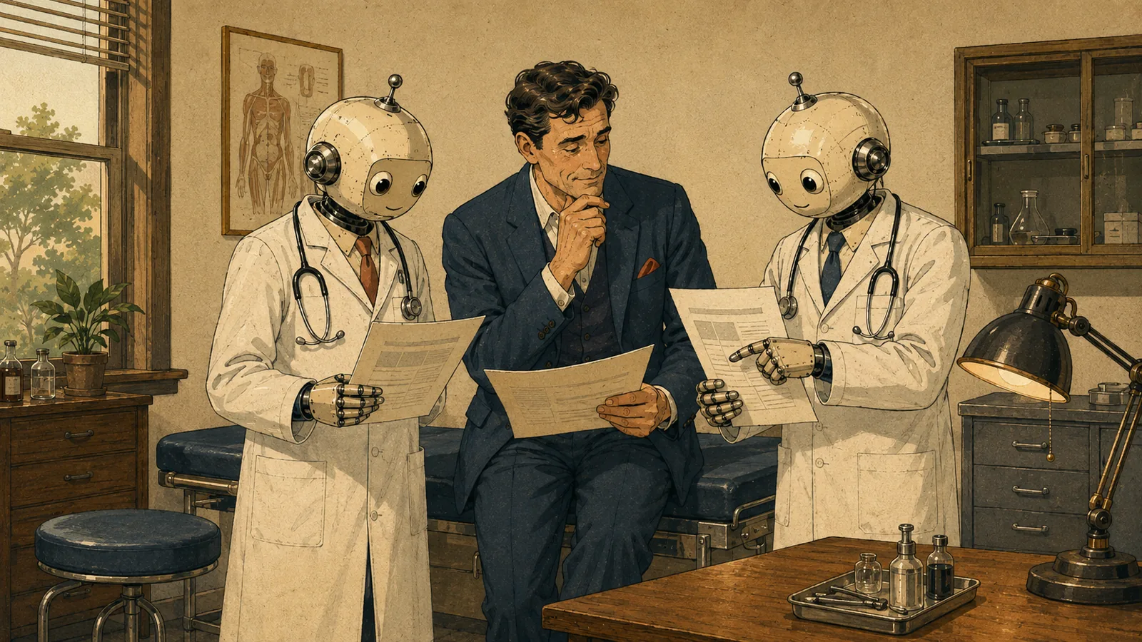 Period doctor's office. Two robots in white coats examine the same document: one holds it while the other points at it. Between them, the shop owner holds the original with the look of someone making the decision.