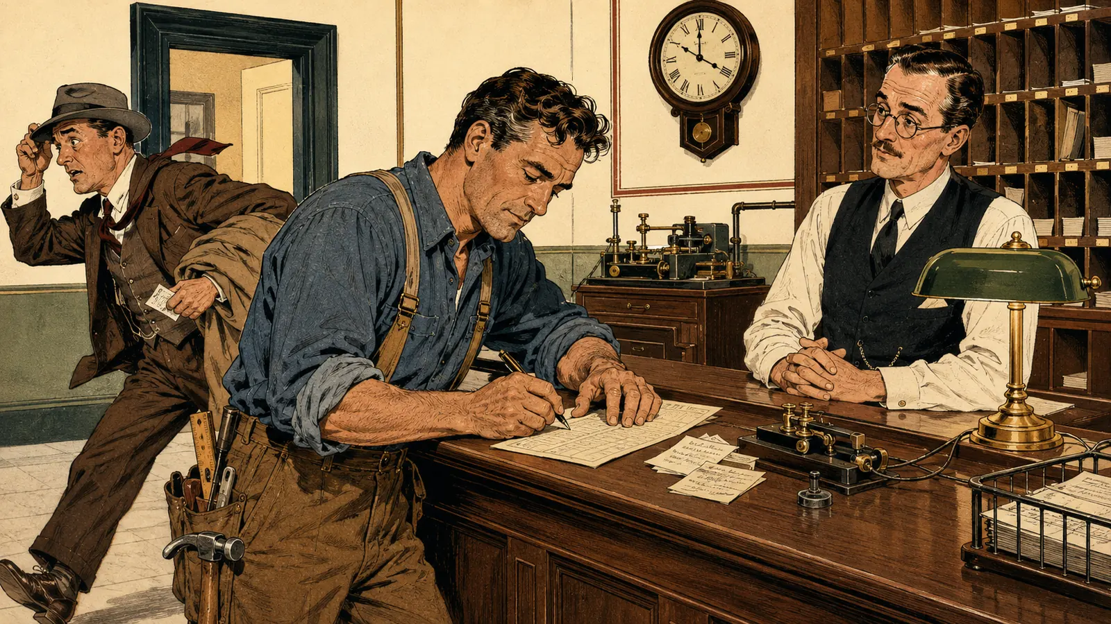 Counter of a period telegraph office. The cabinetmaker composes a long, meticulous message while the clerk waits; beside him, another customer dashes off a three-word line and leaves looking rushed.