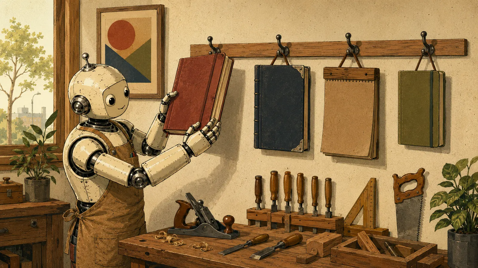 Workshop wall with four notebooks hanging from their nails, each different in thickness and binding. A robot wearing a work apron takes down the first one before picking up any tool.