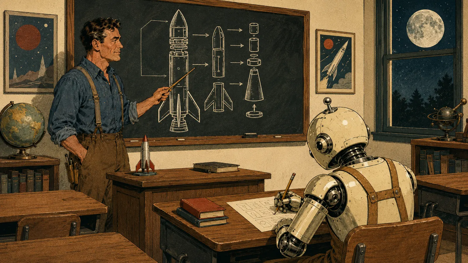 Apprentice classroom. A robot sitting at a desk works through an exam. On the chalkboard, the exploded diagram of a rocket. Standing with a pointer, the shop owner plays instructor. The moon shows through the window.