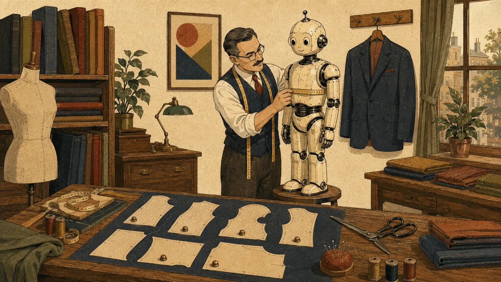 Period tailor's shop. A robot stands on a stool while the tailor takes its measurements with a tape. On the table, a paper pattern cut into six pieces.