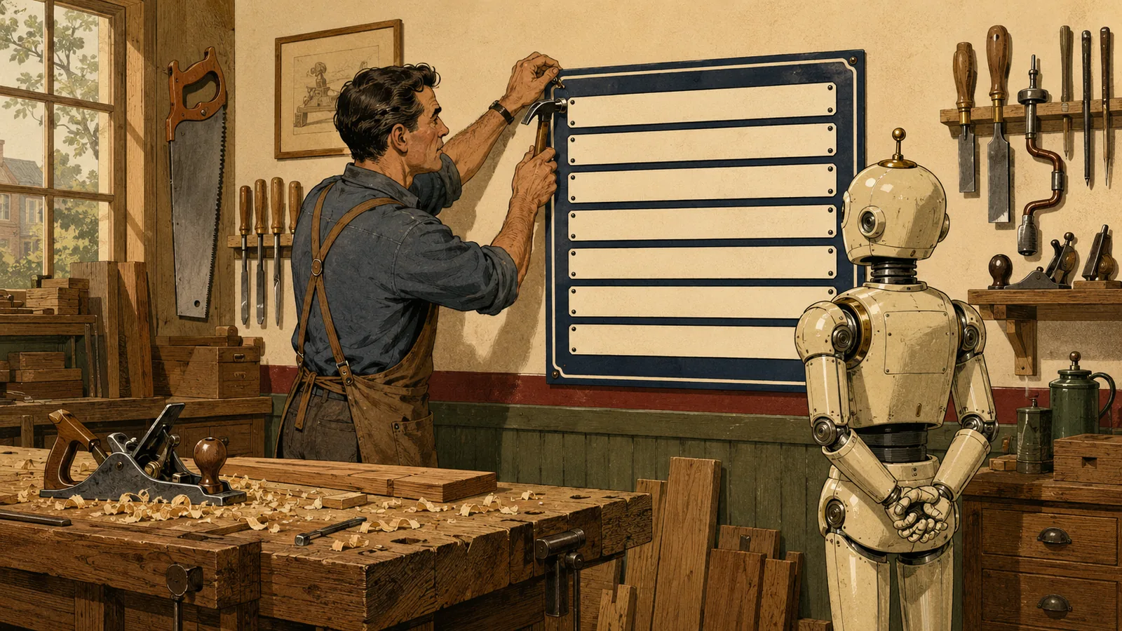 The owner nails an enameled safety-rules board to the workshop wall. The robot reads it up close, hands behind its back.