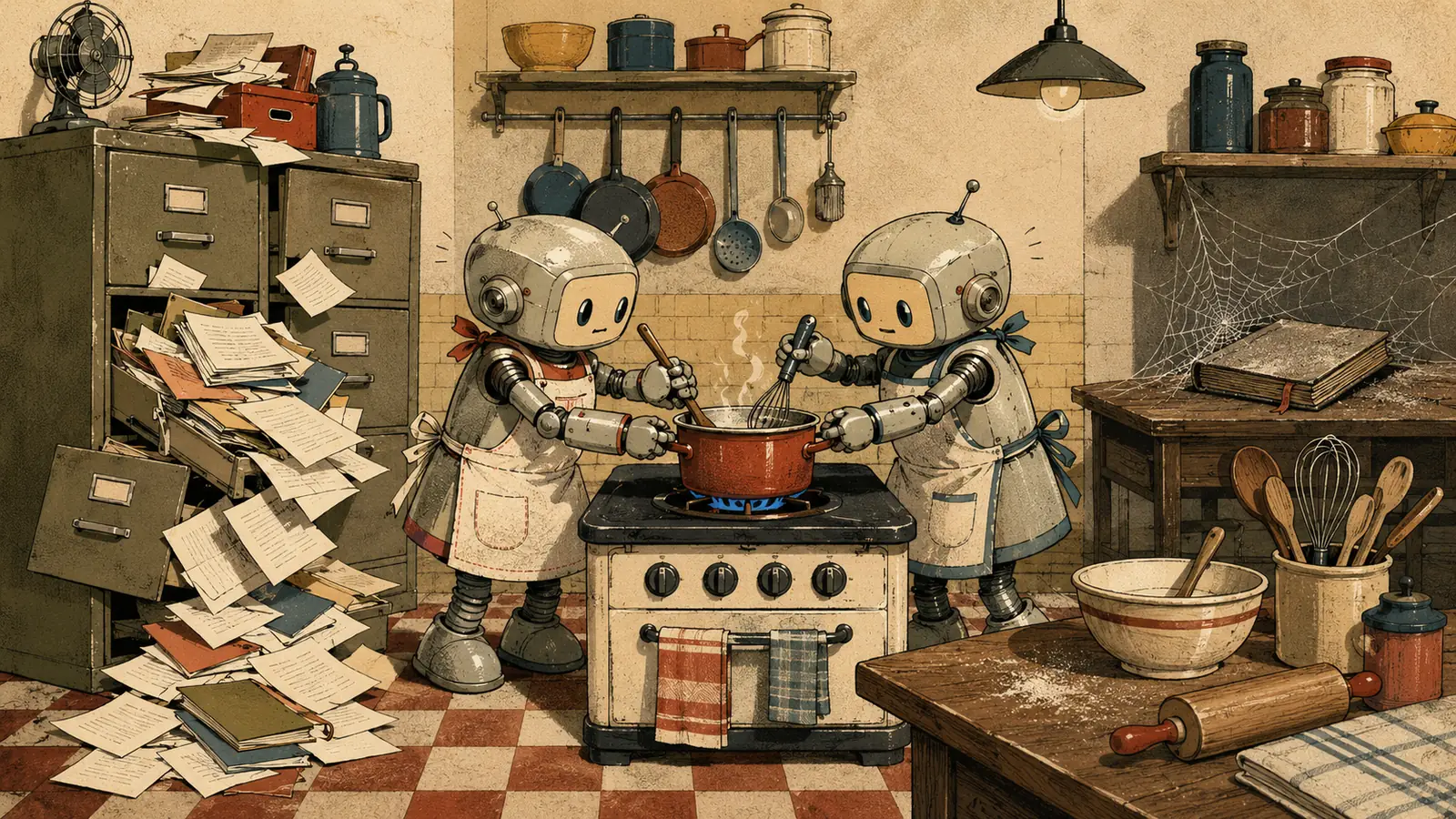 A kitchen in contained disaster. Two robot cooks fight over the same burner, a filing cabinet has burst and spills papers, and in the back an abandoned notebook gathers dust and a cobweb.