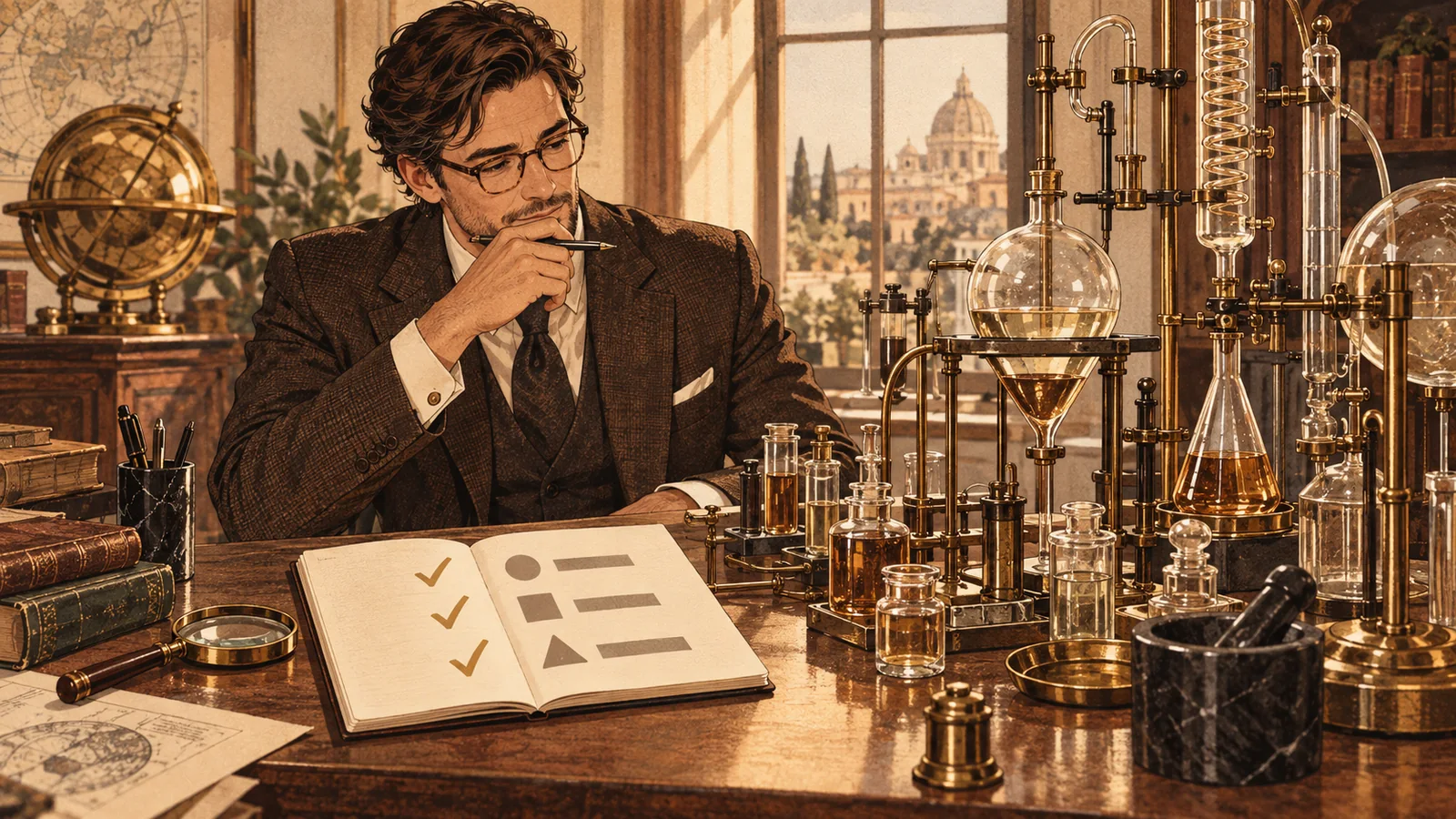 Editorial illustration of a man examining flasks and laboratory apparatus beside a notebook of checks, as a metaphor for the formulas and promises around optimization for AI search.