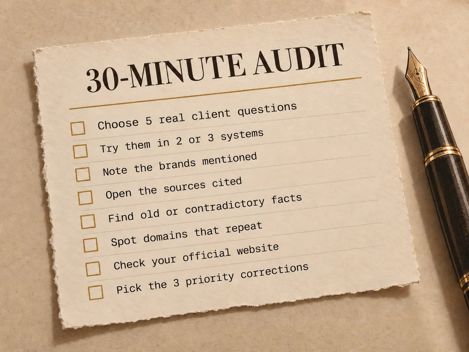 A list titled “30-minute audit” with eight steps for checking how a brand appears across different AI systems and which sources support their answers.