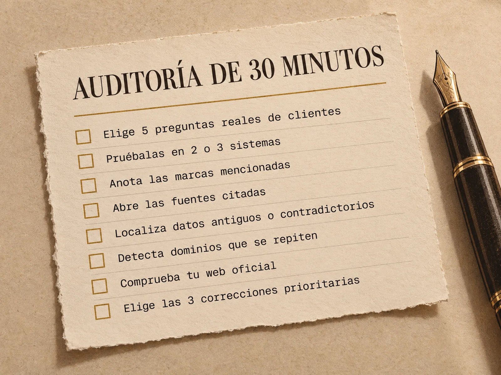 Lista titulada «Auditoría de 30 minutos» con ocho pasos para comprobar cómo aparece una marca en distintos sistemas de IA y qué fuentes sostienen sus respuestas.
