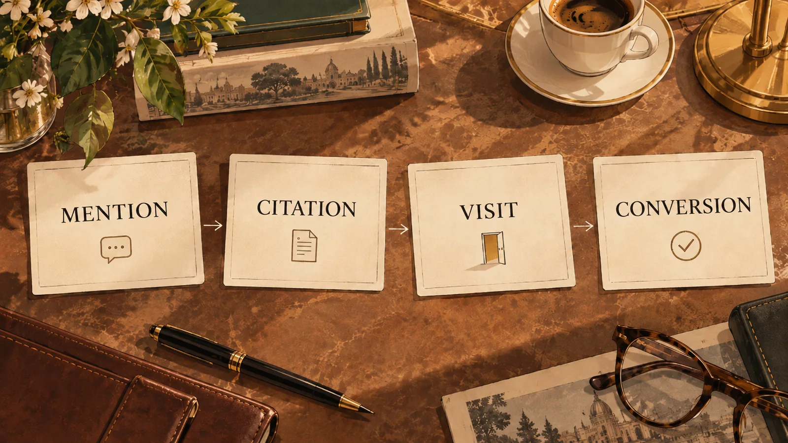 Four connected cards show the path from a brand mention to a citation, a visit to the website, and a possible conversion.