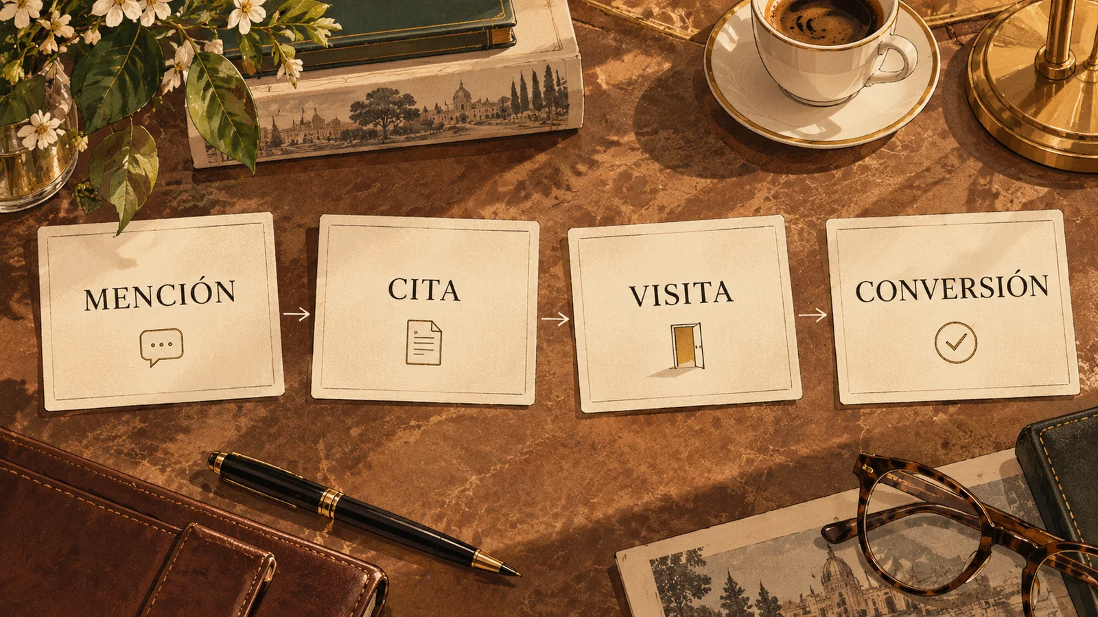Cuatro tarjetas enlazadas muestran el recorrido de una mención de marca a una cita, una visita a la web y una posible conversión.