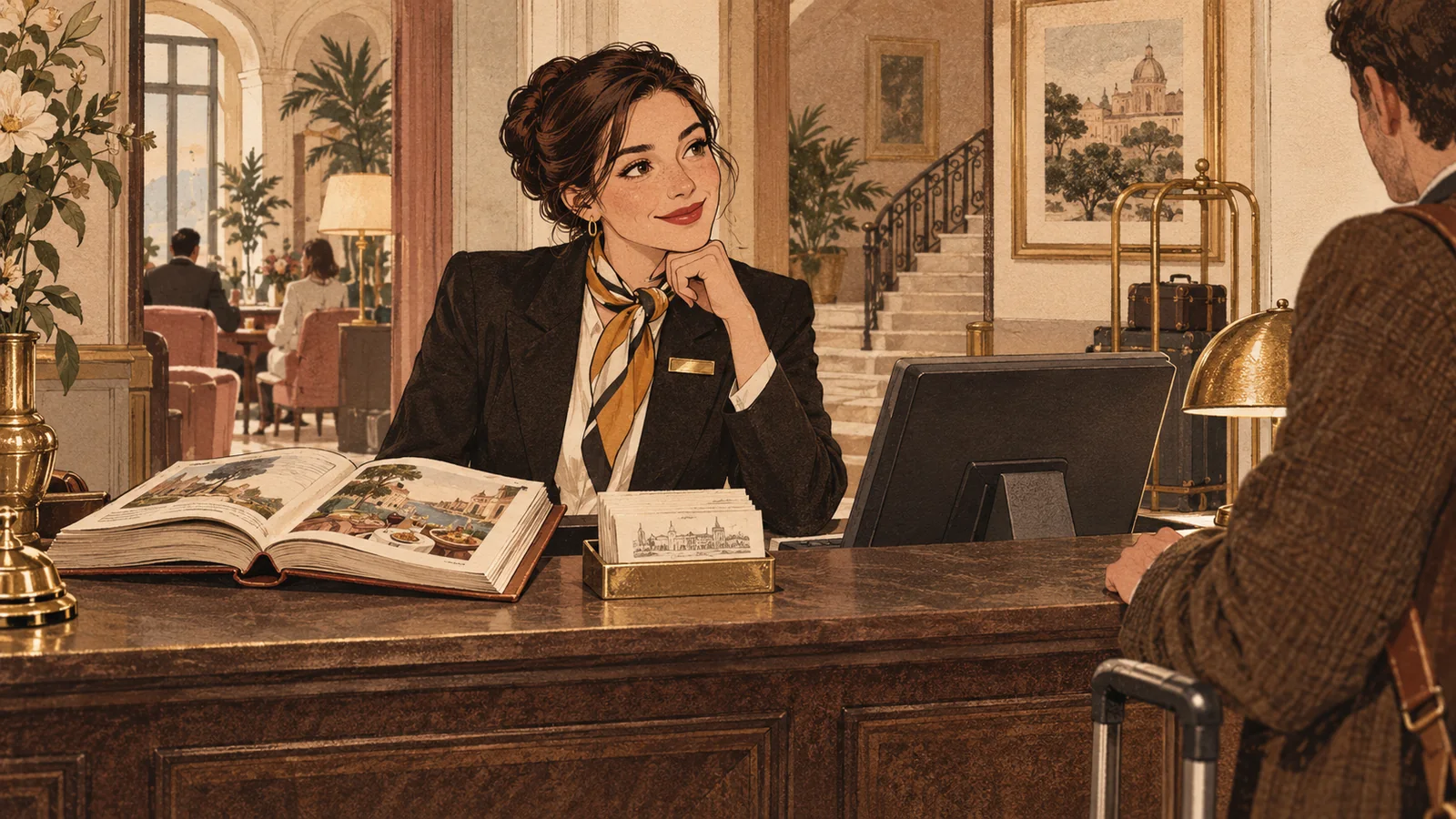 A hotel clerk talks with a guest from behind the front desk, a large open book and cards at hand, as a metaphor for the external sources that help contextualize and tell a brand.