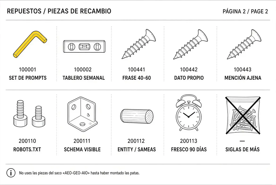 Lámina de recambios al estilo IKEA: llave Allen (set de prompts), nivel (tablero semanal), tres tornillos (frase de 40 a 60 palabras, dato propio, mención ajena), tacos de robots.txt, escuadra de schema visible, espiga de entidad y sameAs, despertador de frescura a 90 días, y una bolsa de siglas tachada.